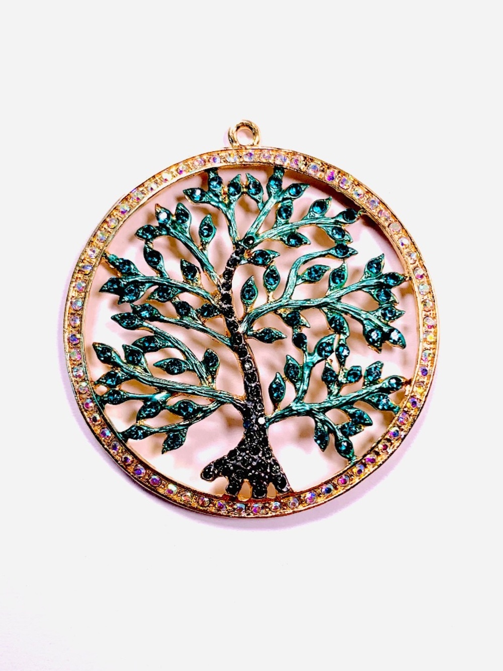 Tree of Life Circular Ornament Pendant Green/Gold Tone Rhinestone Christmas Boho